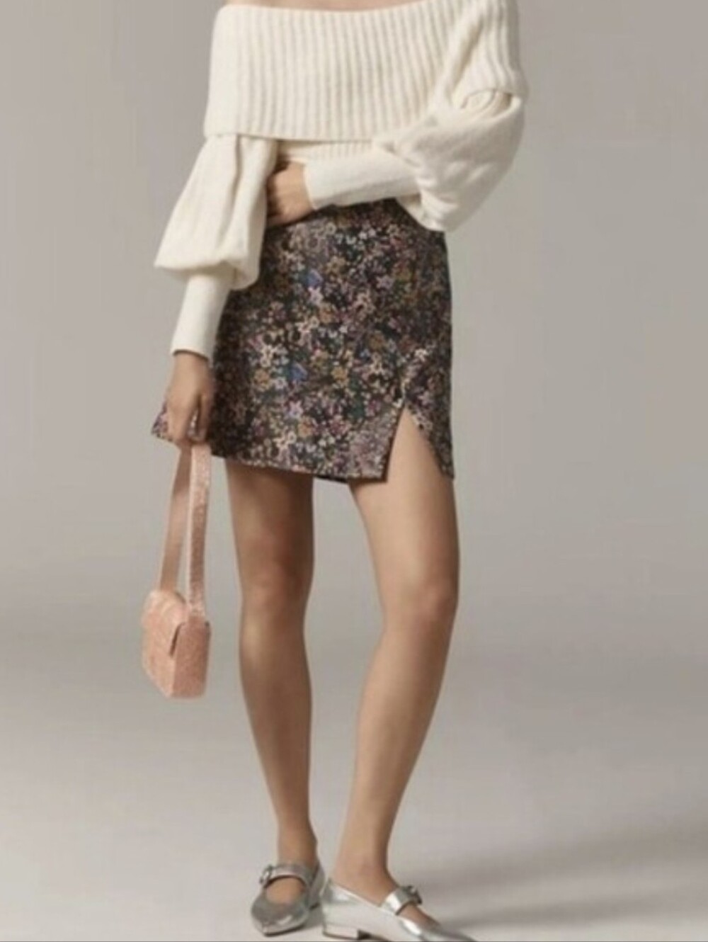 Anthropologie Maeve Faux Leather Mini Skirt Side Slit Floral Lined Women's Sz 0
